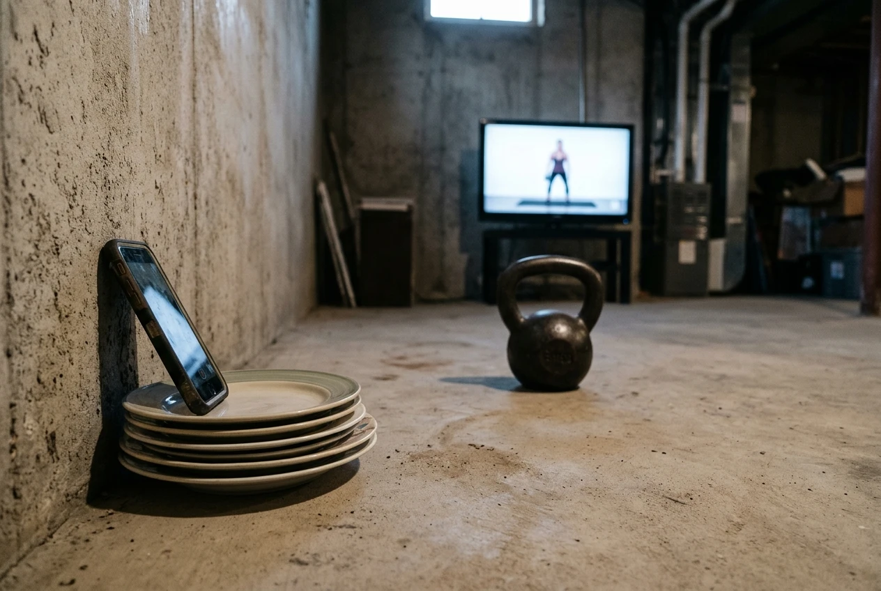 A smartphone propped against a basement wall on a stack of plates, pointed at a kettlebell resting on the floor in the middle of a bare concrete room, a TV glowing in the background with a paused exercise demonstration.