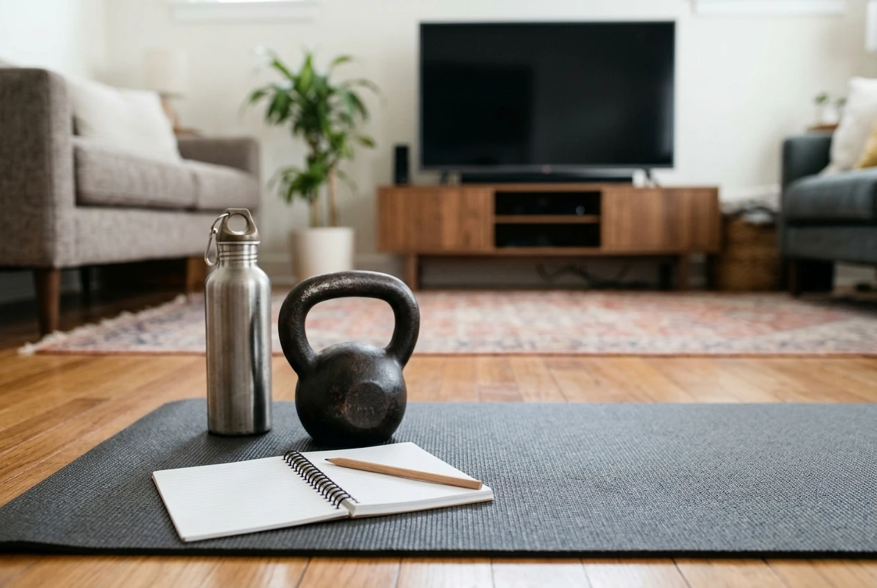 A small spiral notebook open on a floor mat with a pencil, a kettlebell beside it, and a water bottle, with a Samsung-style flat TV softly out of focus in a living room behind.