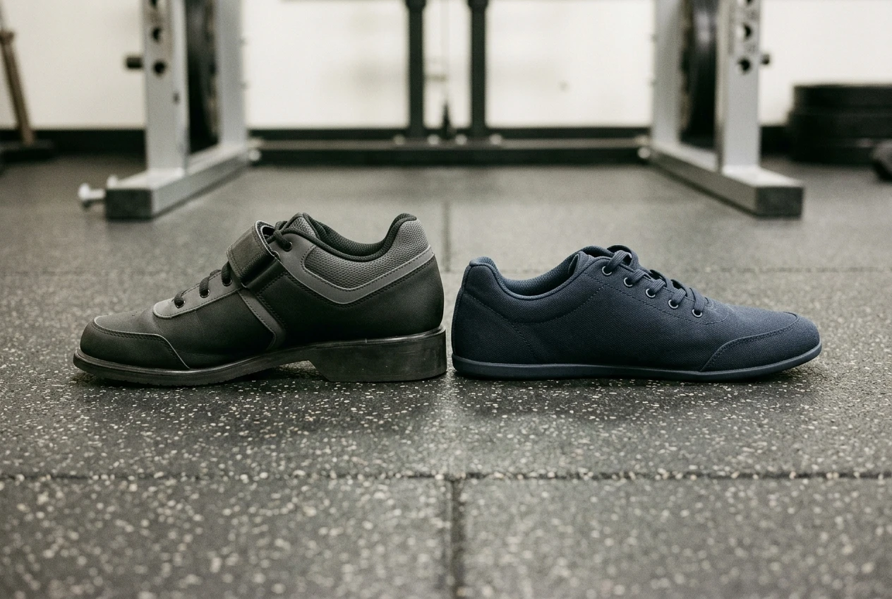 Two lifting shoes side by side on a rubber gym floor, shot from the side: one with a tall, firm raised heel and a strap across the midfoot, the other a thin flat-soled shoe, lit by soft overhead gym light so the difference in sole profile is obvious.