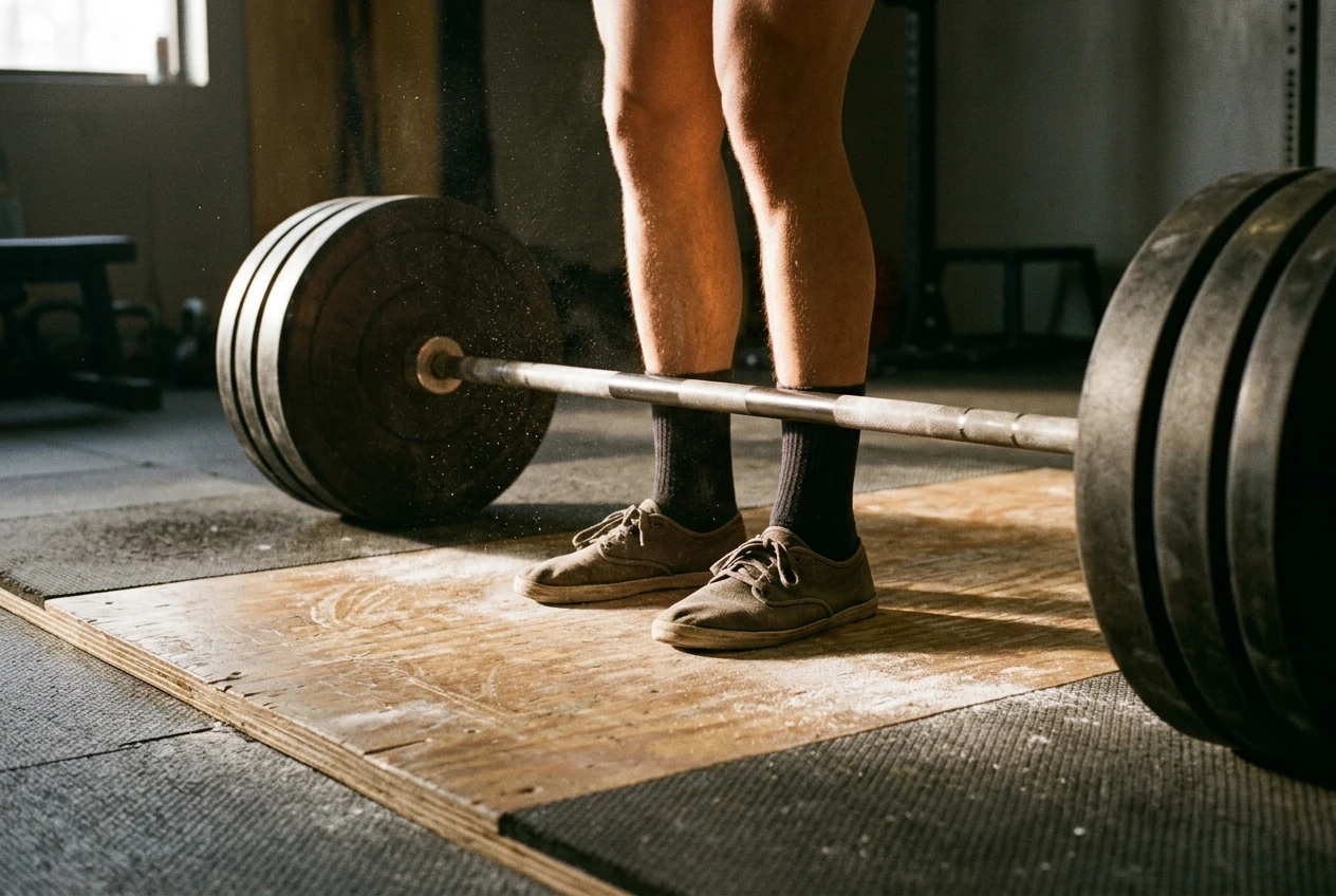 A loaded barbell resting on a wooden platform with a pair of flat, thin-soled shoes planted either side of the bar, shins touching the bar at the start of a deadlift, chalk dust in the air, warm side light.