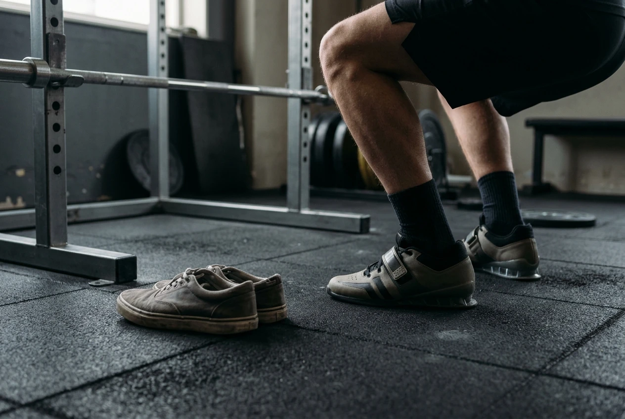 A lifter's lower legs and feet in raised-heel lifting shoes at the bottom of a bodyweight squat in a quiet corner of a gym, an empty barbell on a rack behind and an old pair of trainers sitting on the floor beside them for comparison.