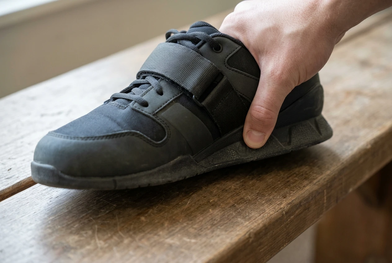 Close-up of a hand pressing a thumb into the firm sole of a lifting shoe, with the midfoot strap pulled snug and the wide toe box visible, on a plain wooden bench in neutral daylight.